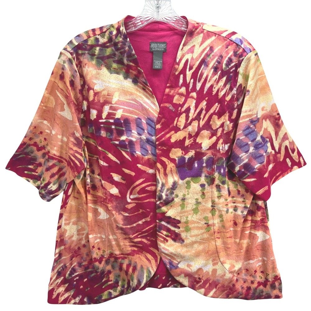 Additions by Chicos Womens Abstract Print Open Front Cardigan Pink Multi XL